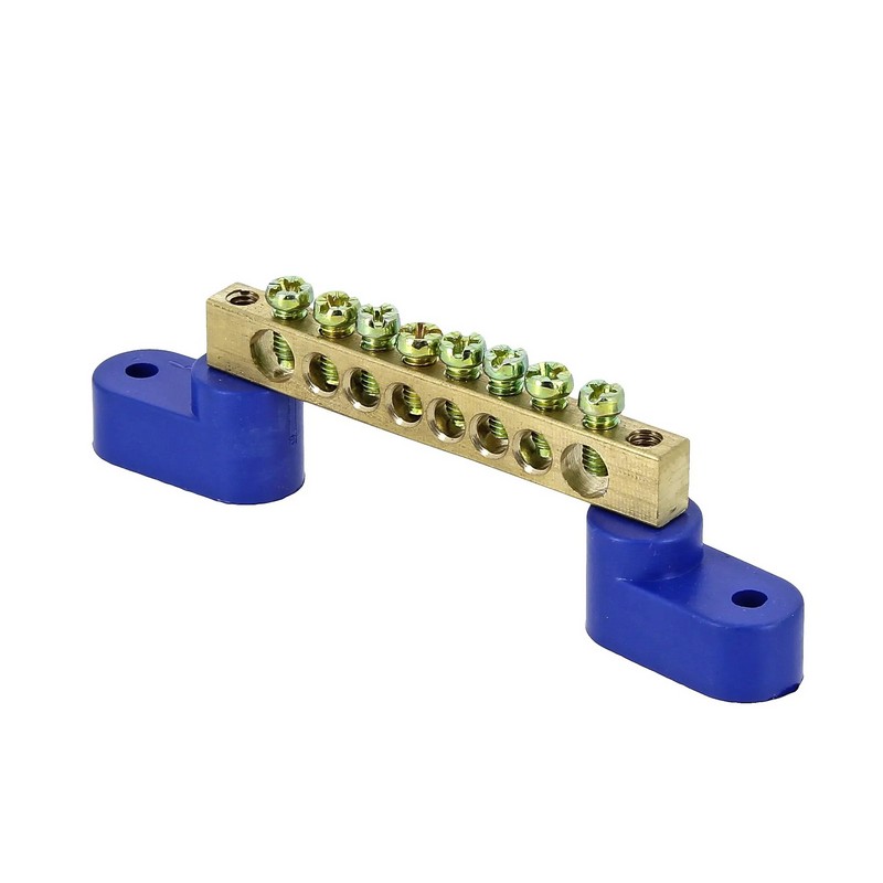 Шина нулевая 8-мест. крепление по краям +2 угловых изолятора синий