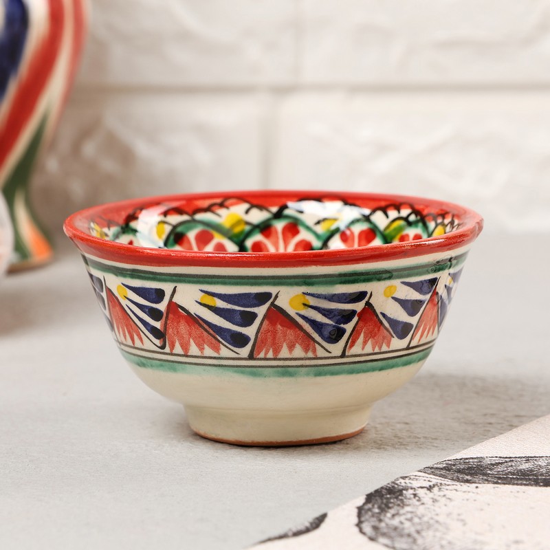 Пиала узбекская Риштанская керамика «Узоры» 120мл d=9,5см красная