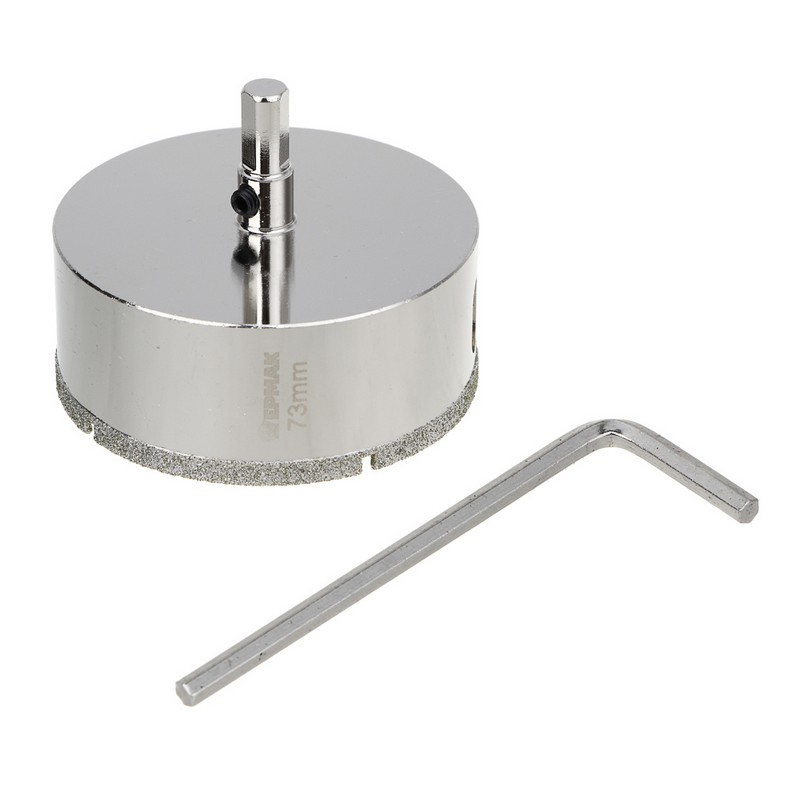 Коронка алмазная по керамике/стеклу 73мм Р45 с центр.сверлом, 3-гран. хвостовик ЕРМАК 602-015