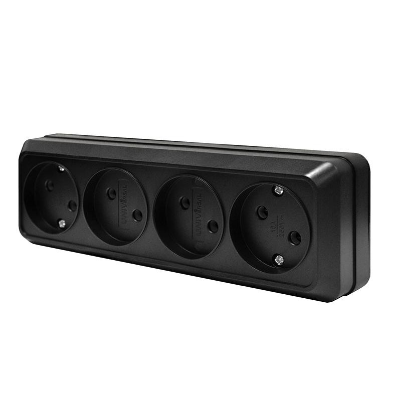 Розетка о/у 4-мест. без заз. Черная 16А IP20 Universal Олимп 2219