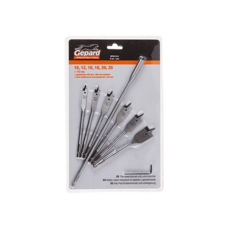 Набор сверл перовых с удлинителем (6шт) 10,12,16,18,20,25мм GEPARD GP0415-8