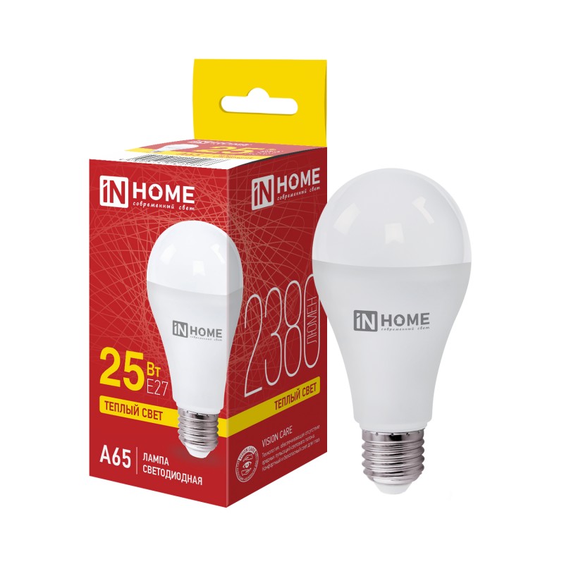 Лампа LED A65 25вт E27 3000К (груша тепл.бел.) 2380лм IN HOME LED-A65-VC