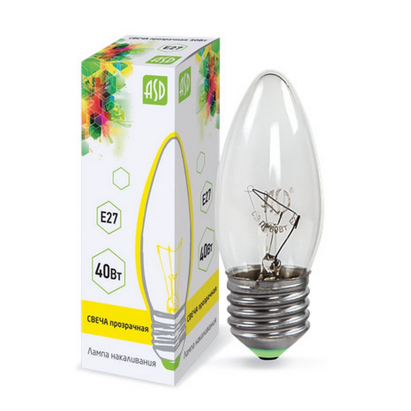 Лампа накал. свеча B35 40вт Е27 прозр. ASD