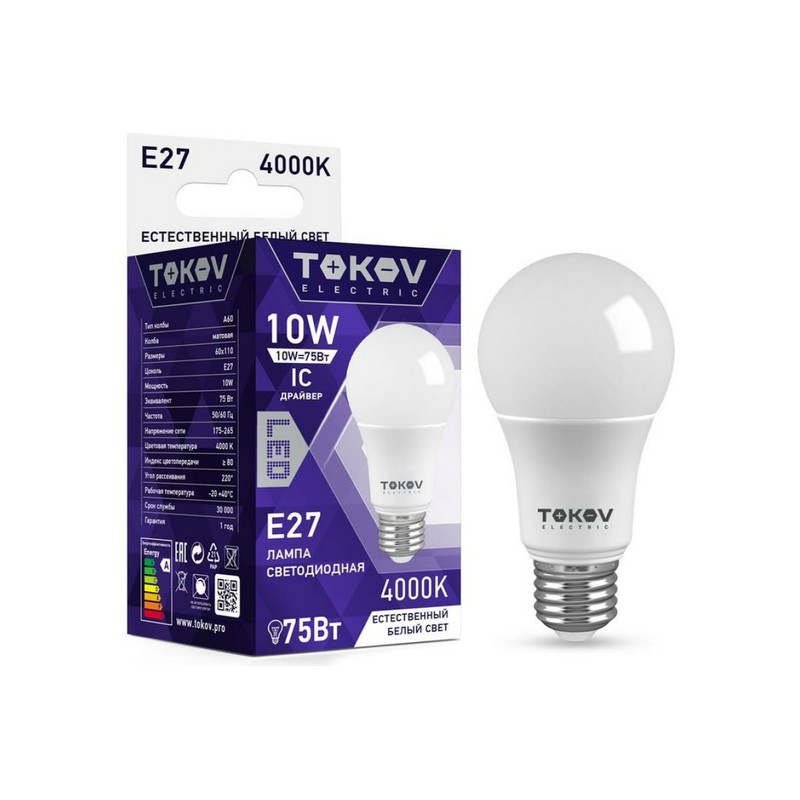 Лампа LED А60 10вт Е27 4000К TOKOV ELECTRIC TKE-A60-E27-10-4K