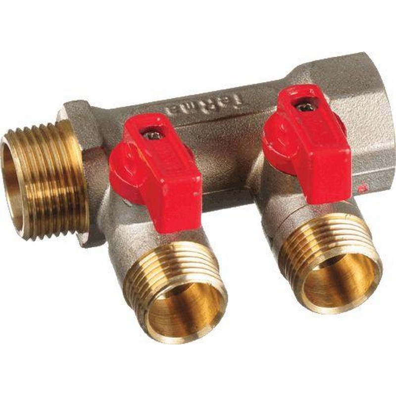 Коллектор с шаровыми кранами на 1/2" наружные резьбы в/н 3/4" с 2-мя кранами TRm 14015