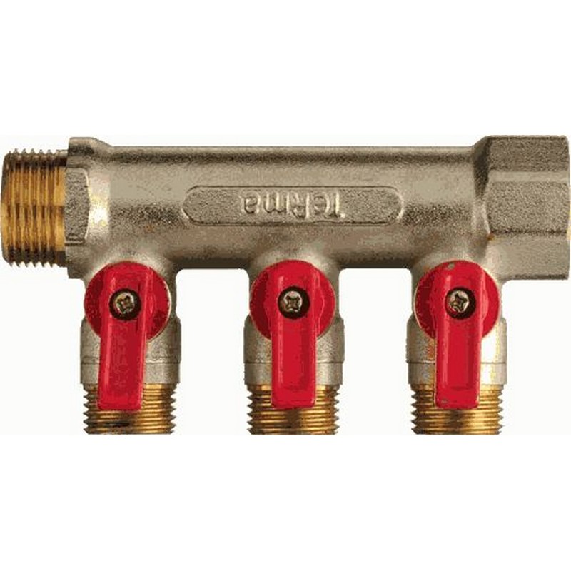 Коллектор с шаровыми кранами на 1/2" наружные резьбы в/н 3/4" с 3-мя кранами TRm 14016