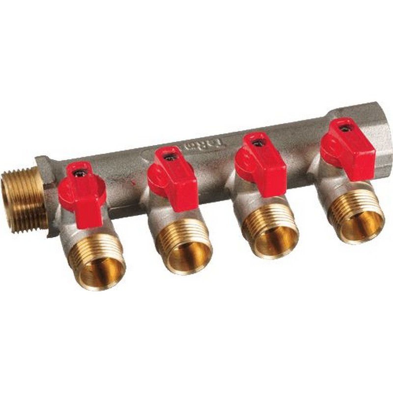 Коллектор с шаровыми кранами на 1/2" наружные резьбы в/н 3/4" с 4-мя кранами TRm 14017
