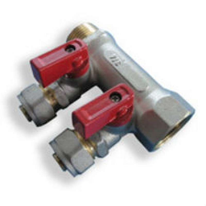 Коллектор с шаровыми кранами  с выходами евроконус на 16мм (1/2") 3/4" в/н с 2-мя кранами TRm 14001