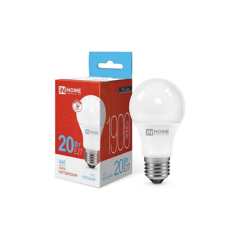 Лампа LED A60 20вт E27 6500К холод.свет 1900лм IN HOME LED-A60-VC