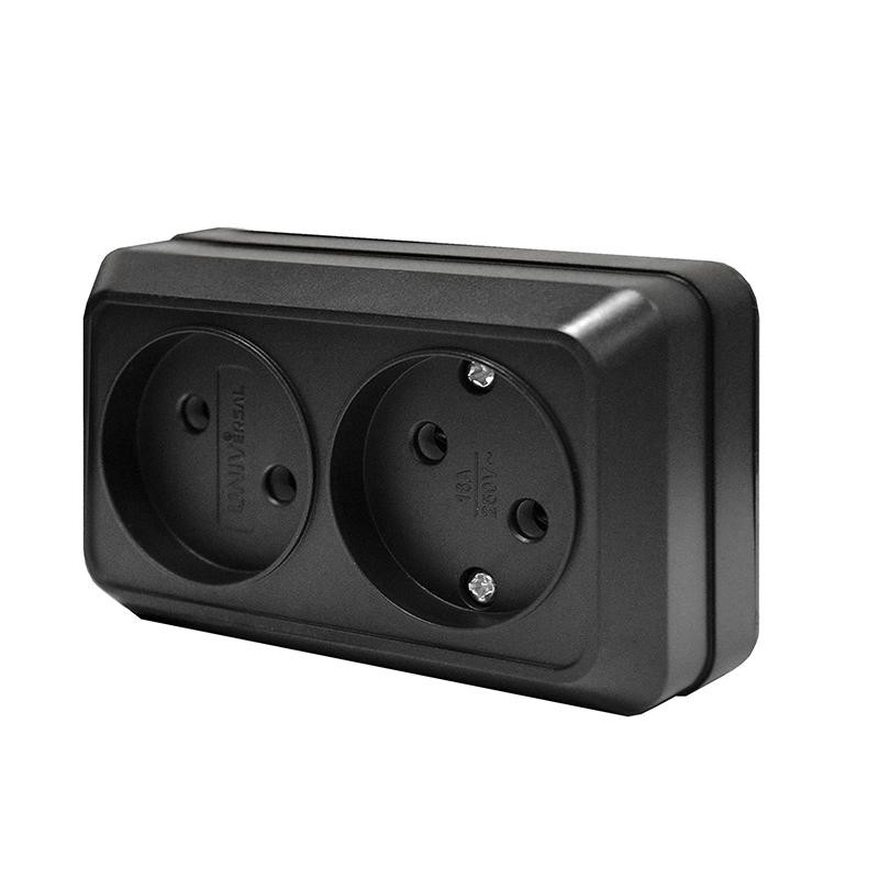 Розетка о/у 2-мест. без заз. Черная 16А IP20 Universal Олимп 2215