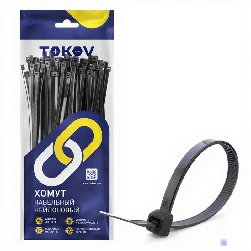 Стяжка нейлон. 200х3,6мм (100шт)  черные TOKOV ELECTRIC TKE-HNS-3.6-200-B/100