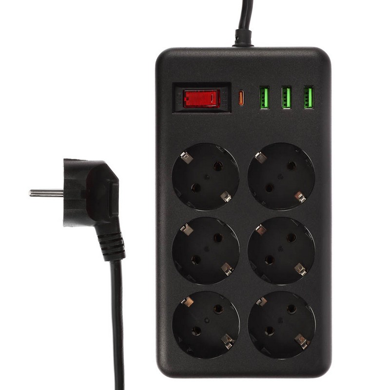Сетевой фильтр 3м 6-мест, 3хUSB, 1хТype-C, 2500вт черный BY Black 907-275