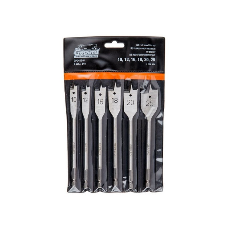 Набор сверл перовых (6шт) 10,12,16,18,20,25мм GEPARD GP0415-6