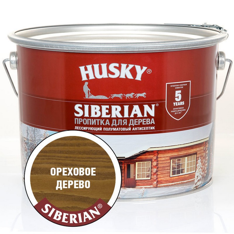 Пропитка для дерева полуматовая ореховое дерево Husky Siberian 9 л