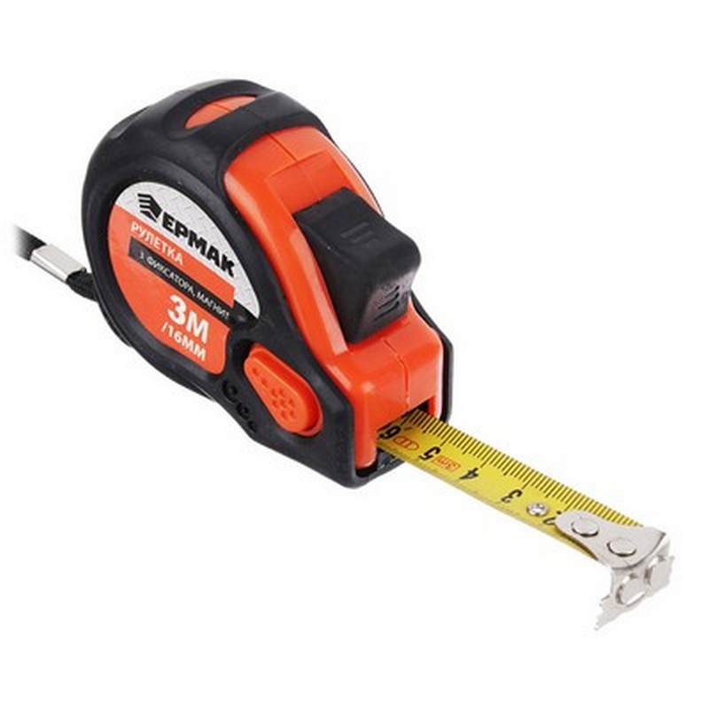 Рулетка 3м 16мм " Магнит", 3 фиксатора, обрезин. корпус ЕРМАК 658-018