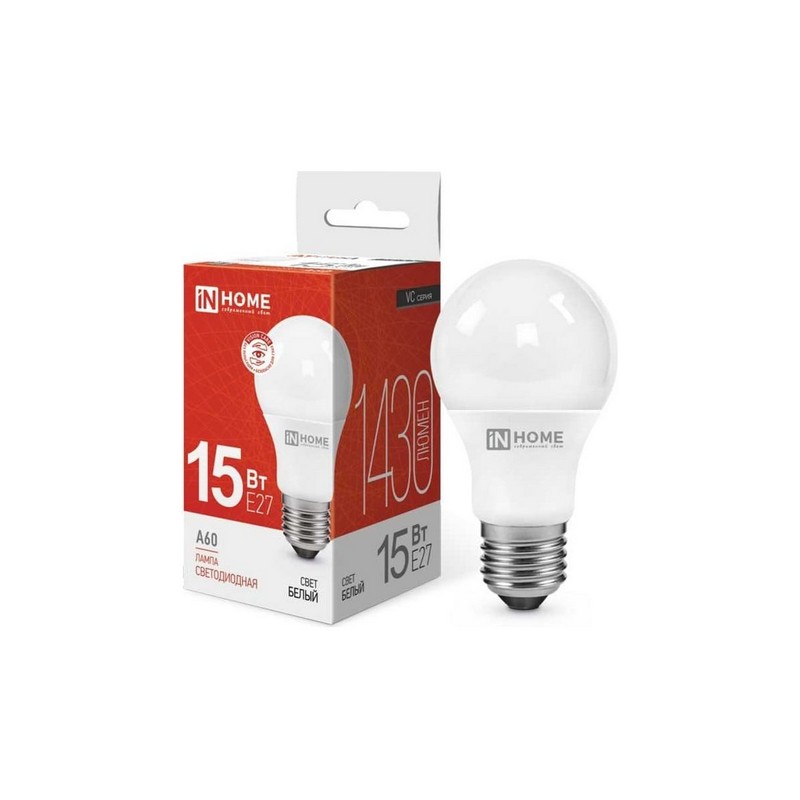 Лампа LED A60 15вт Е27 4000К 1430Лм IN HOME LED-A60-VC