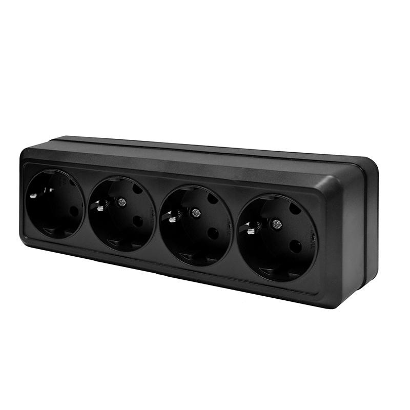 Розетка о/у 4-мест. с заз. Черная 16А IP20 Universal Олимп 2221
