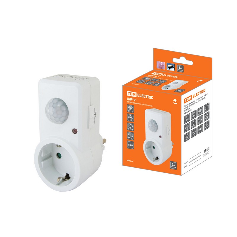 Детектор движения розеточный 1200вт 120гр 9м IP20 ДДР-01 TDM 0324-0027