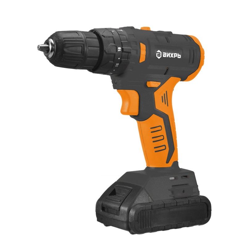 Дрель-шуруповерт акк. бесщет. ударный ВИХРЬ ДА-18Л-2КУ/Б, 18в 2х2,0А/ч Li-Ion 45Нм 2-скор. БЗП10мм п