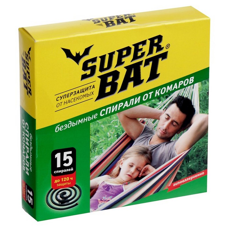 Спирали от комаров "SuperBat", зелёные, бездымные, 15 шт.