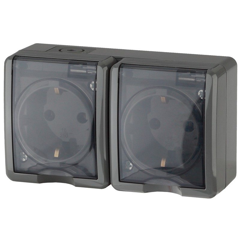 Розетка о/у 2-мест. с заз. с крышкой серая 16А IP54 ЭРА Эксперт 11-2403-03