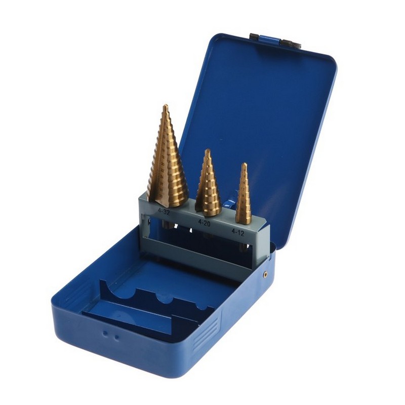 Набор сверл ступенчатых (3шт) 4-12мм, 4-20мм, 4-32мм HSS TiN трехгр.хвост. ТУНДРА 4087173