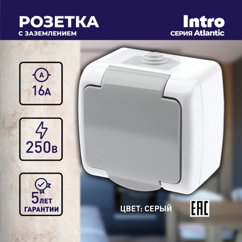 Розетка о/у 1-мест. с заз. с крышкой 16А IP54 серый Intro Atlantic 5-201-03 Б0050945