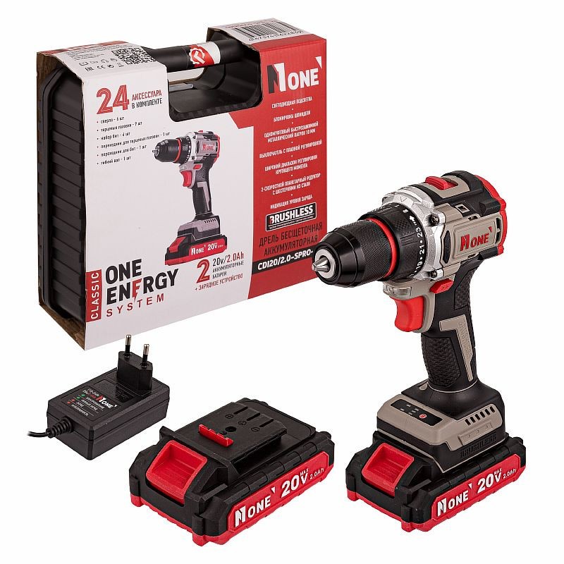 Дрель-шуруповерт акк. бесщет. NUMBER ONE CDI20/2,0-SPRO-2B, С НАБОРОМ 24пр. 20в 2х2Ач Li-ion 40Нм 2-