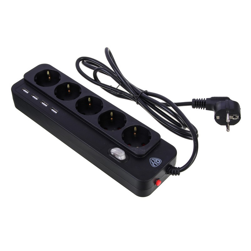 Сетевой фильтр 2м 5-мест, 4xUSB(3А) 0,75кв.мм 10А 2500вт чёрный BY 907-299