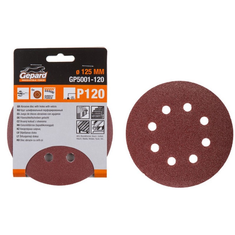 Круги шлиф. с отверст. на липучке 125мм (5шт) Р60 GEPARD GP5001-60