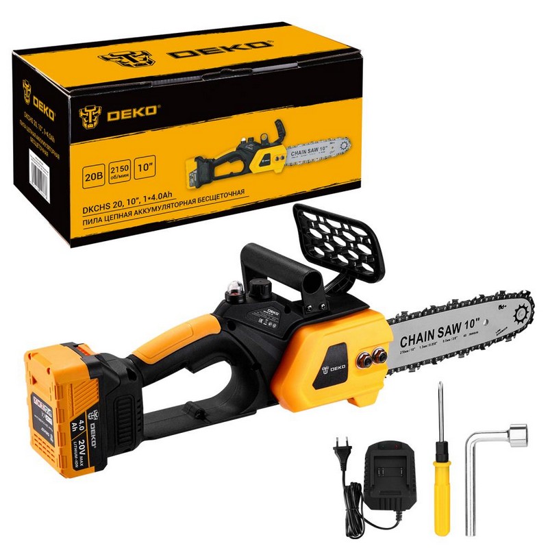 Пила цепная аккум. бесщет. DEKO DKCHS 20, 20в 1х4Ач Li-ion 10"/250мм 3/8"-1,3мм-40зв масл.бак