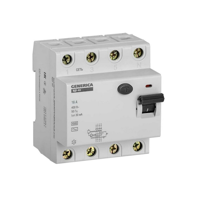 УЗО 4п 16А 30мА ВД1-63 AC GENERICA MDV15-4-016-030