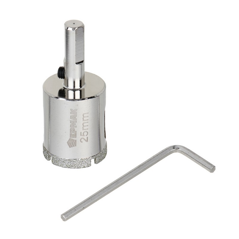 Коронка алмазная по керамике/стеклу 25мм Р45 с центр.сверлом, 3-гран. хвостовик ЕРМАК 602-009