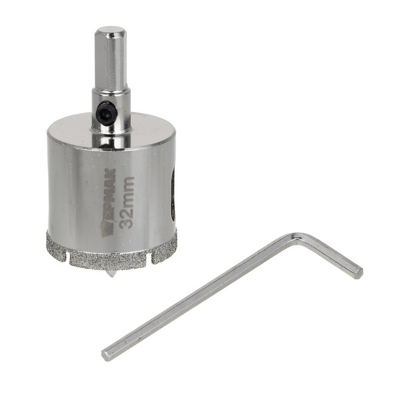 Коронка алмазная по керамике/стеклу 32мм Р45 с центр.сверлом, 3-гран. хвостовик ЕРМАК 602-010