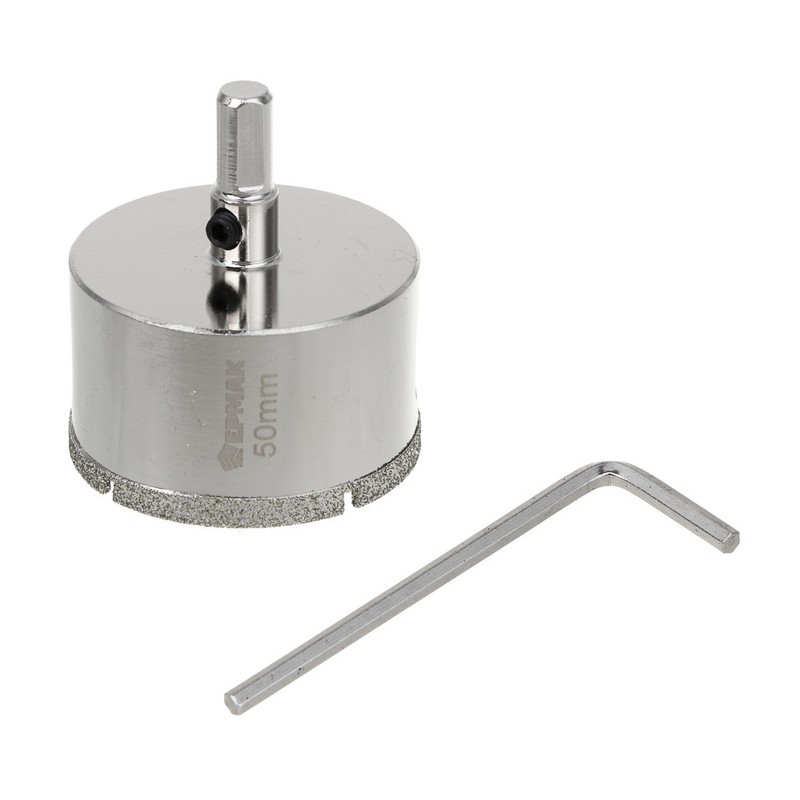 Коронка алмазная по керамике/стеклу 50мм Р45 с центр.сверлом, 3-гран. хвостовик ЕРМАК 602-013