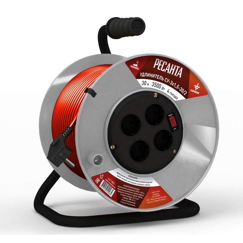 Удлинитель на катушке 30м 4-мест. ПВС 3х1,5 (3500вт) т.защ. РЕСАНТА СУ-3х1,5-30/2