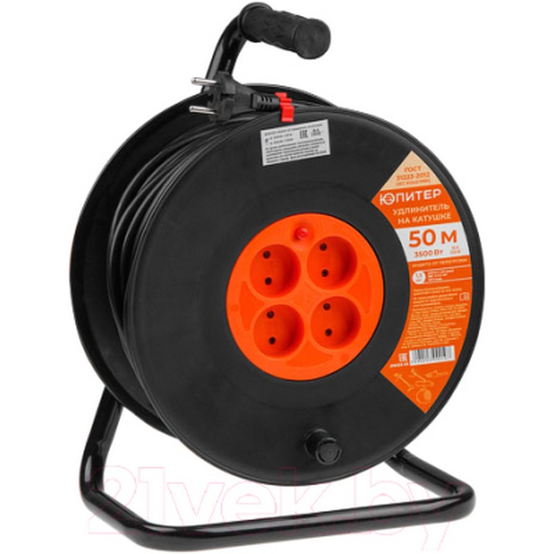 Удлинитель на катушке 4-мест. 50м без заз. ПВС 2х1,5 (3500вт) Юпитер JP8403-03