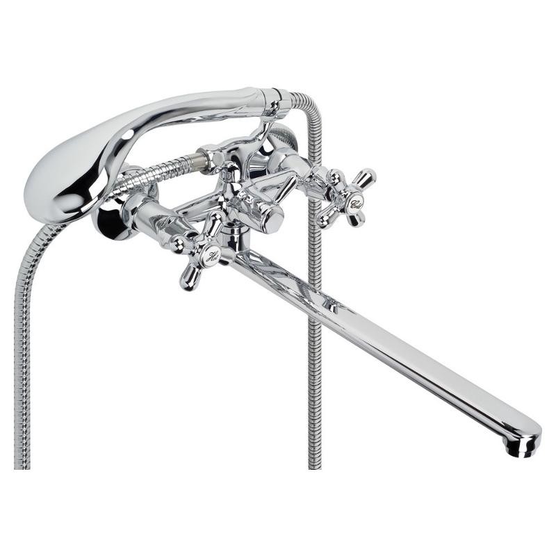 Смеситель ARGO для ванны RETRO двухрукий, длинный изл, Плоский L-330 1/2 керамика,шланг,лейка,кроншт