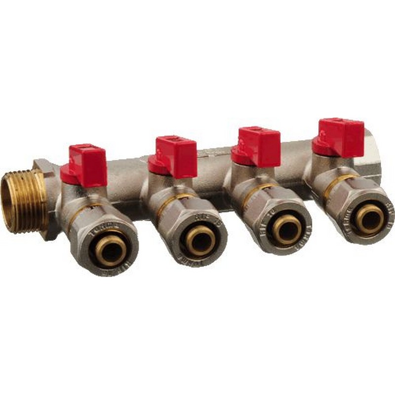 Коллектор с шаровыми кранами с выходами евроконус на 16мм (1/2") 3/4" в/н с 4-мя кранами TRm 14003