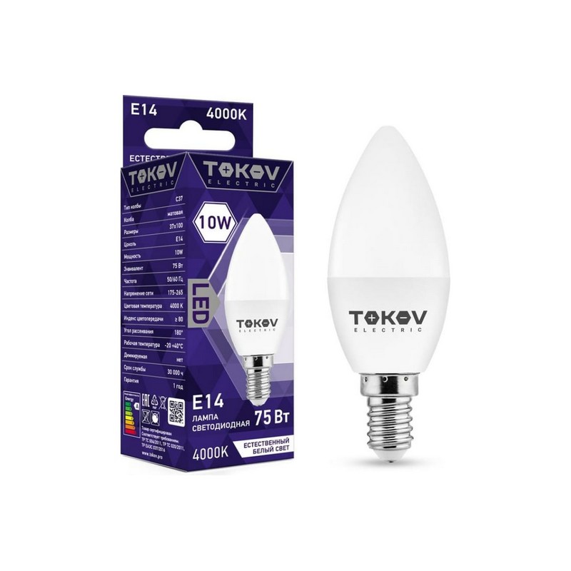 Лампа LED свеча 10вт Е14 4000К TOKOV ELECTRIC TKE-C37-E14-10-4K