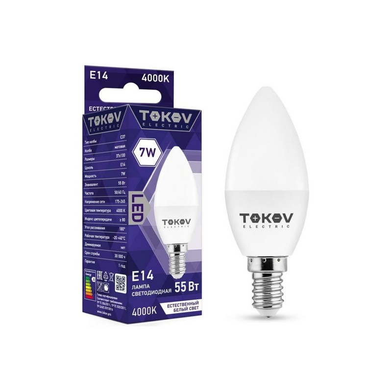 Лампа LED свеча 7вт Е14 4000К TOKOV ELECTRIC TKE-C37-E14-7-4K