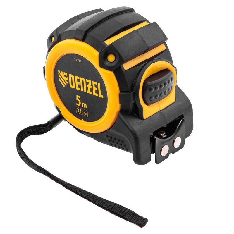 Рулетка 5м 32мм автостоп, нейлон.покр. магнит.зацеп, двухстор.разметка DENZEL 31523