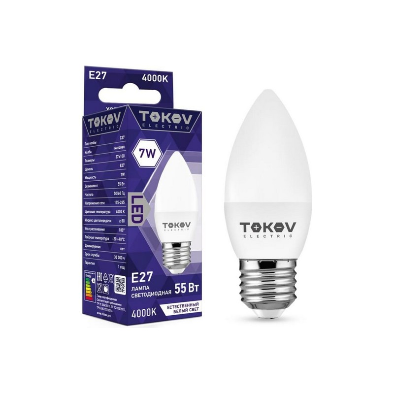 Лампа LED свеча 7вт Е27 4000К TOKOV ELECTRIC TKE-C37-E27-7-4K