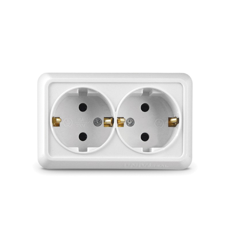 Розетка о/у 2-мест. с заз. белая 16А IP20 UNIVersal Олимп О0128