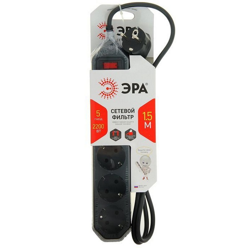 Сетевой фильтр 5-мест.+USB, 1,5м с заз. с выкл. ПВС 3х0,75 черный ЭРА USF-5es-1.5m-USB-B Б0019036