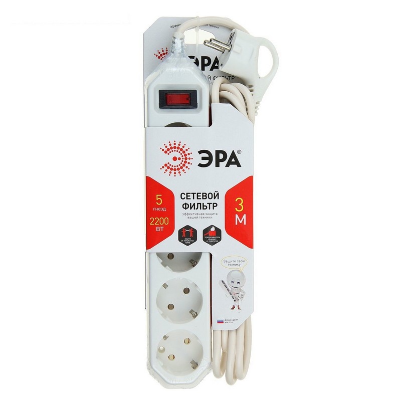 Сетевой фильтр 5-мест.+USB, 1,5м с заз. с выкл. ПВС 3х0,75 белый ЭРА USF-5es-1.5m-USB-W Б0019037
