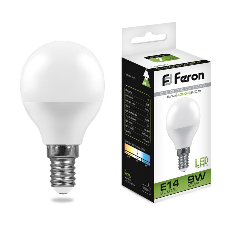 Лампа LED шар 9вт E14 4000K 820лм ФЕРОН LB-550