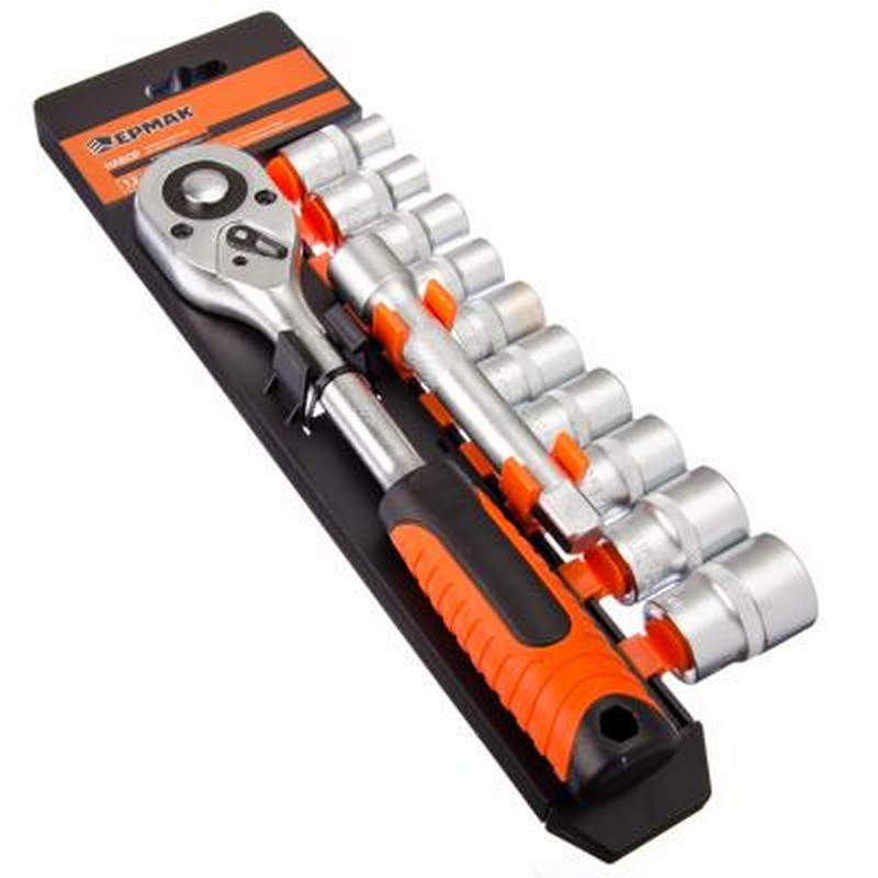 Набор головок шестигр. 1/2" 10-24мм +трещотка +удлин. (12 предм) ЕРМАК 736-161