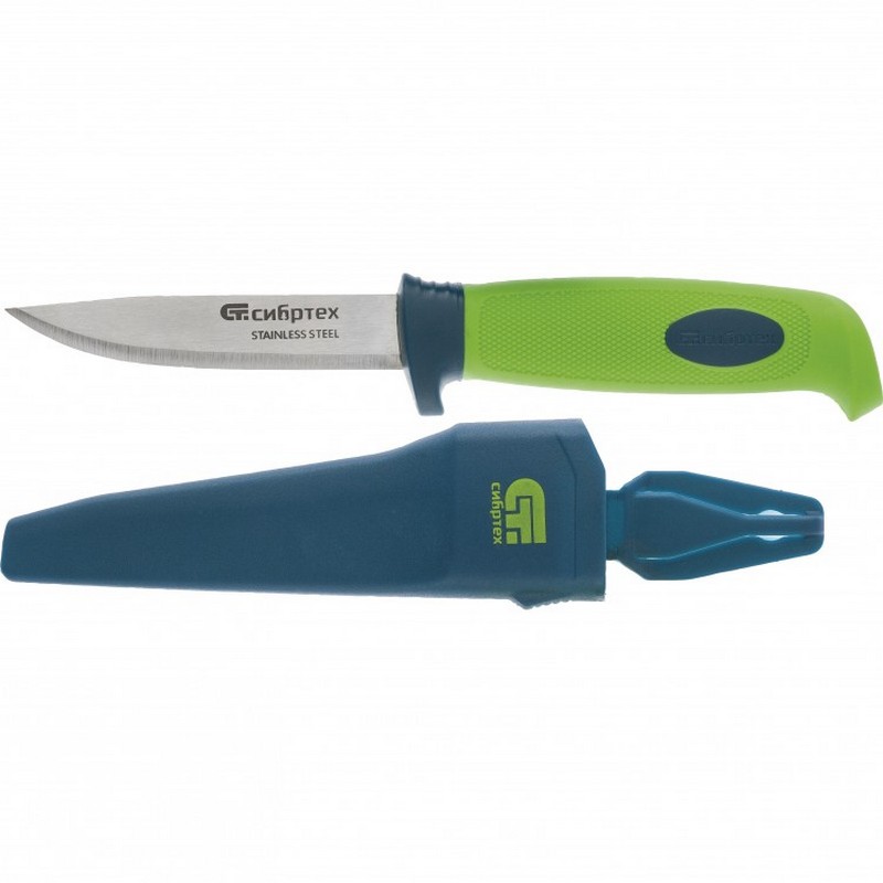 Нож строительный в ножнах, лезвие 100мм нерж.сталь, обрезинен.рукоят. 220мм СИБРТЕХ 79015