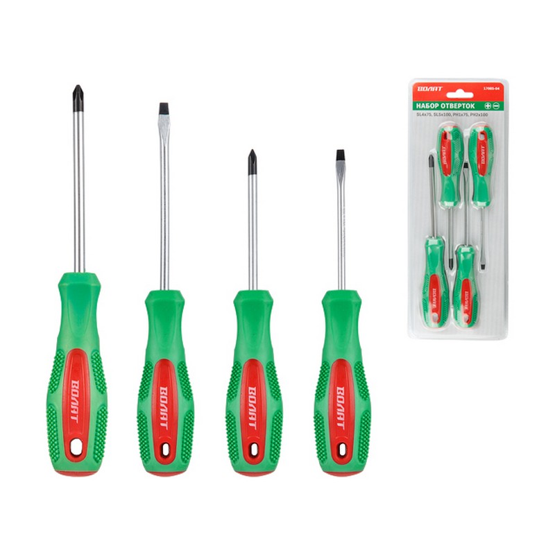 Набор отверток (4шт) SL4х75,SL5х100,PH1х75,PH2х100 ВОЛАТ 17085-04